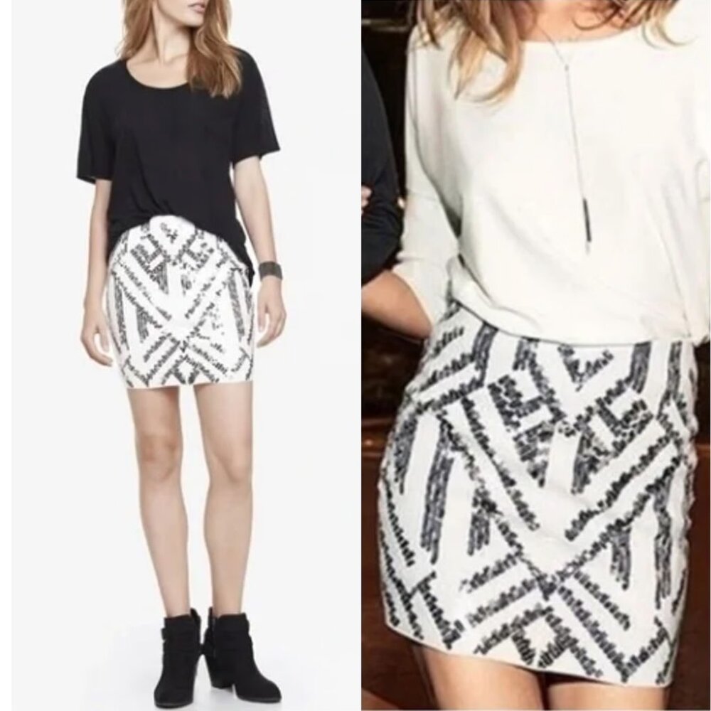 Express Art Deco Sequin Stetchy Mini Skirt in Ivory + Silver